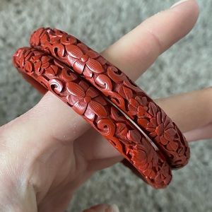 Red Cinnabar Bangle Bracelet Set of 2